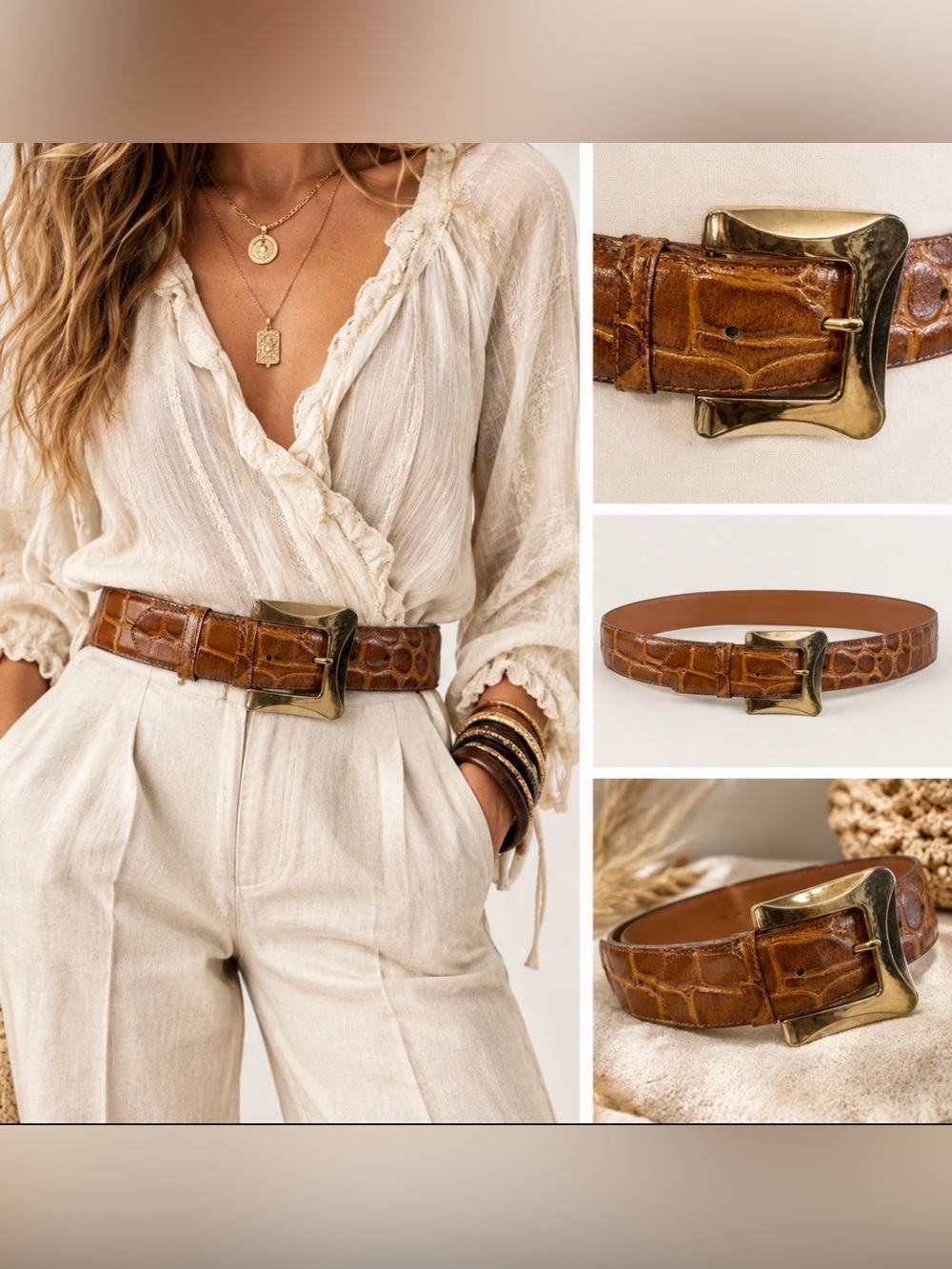 Classic Brown Crocodile-Embossed Leather Belt with Statement Gold Buckle